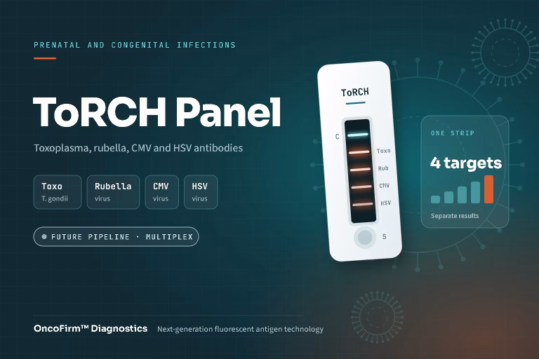 OncoFirm ToRCH Panel: Toxoplasma, rubella, CMV and HSV antibodies. Fluorescent lateral flow illustration. Status: Future pipeline · Multiplex.
