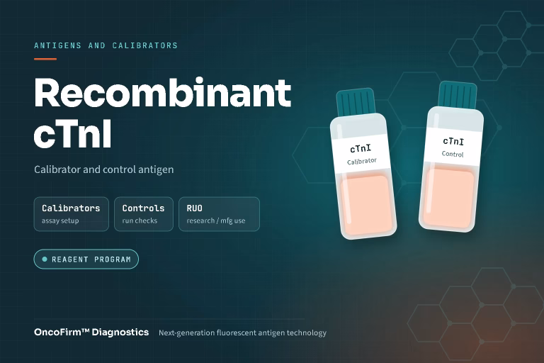 OncoFirm Recombinant cTnI: Calibrator and control antigen. Fluorescent lateral flow illustration. Status: Reagent program.